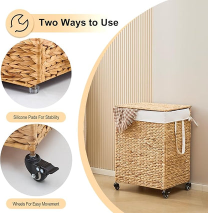 2-Section Laundry Hamper with Lid, Large Capacity Woven Natural Water Hyacinth - Image 4