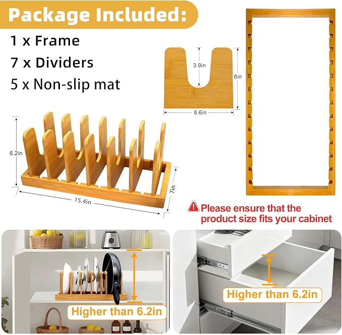 MinBoo Bamboo Pot Lid Organizer Pot Lid Holder, Pot and Pan Organizer Drawer - Image 5