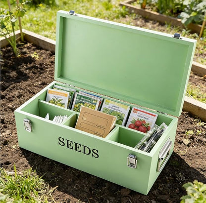 Seed Storage Organizer with 2 Dividers, Wooden Seed Saving Box with Lid - Image 6
