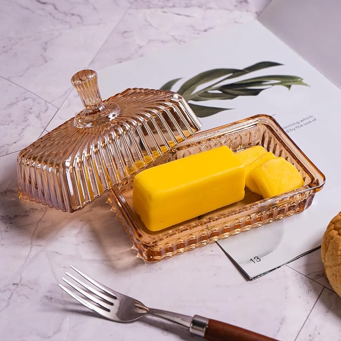 Glass Butter Dish with Lid for Countertop, Champagne Color Striped Crystal - Image 6