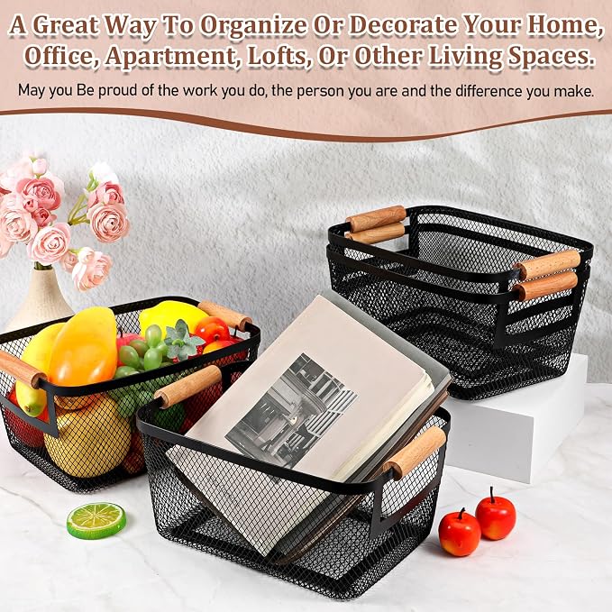 6 Pcs Metal Wire Basket with Wooden Handles | Mesh Steel Storage Organizer Bin - Image 6