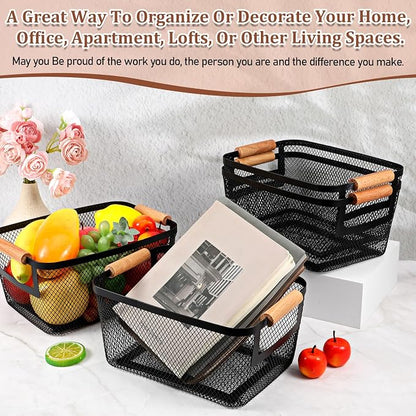6 Pcs Metal Wire Basket with Wooden Handles | Mesh Steel Storage Organizer Bin - Image 6