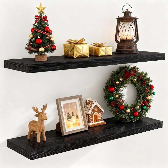 Fun Memories 40 Inch Floating Shelves Black, Farmhouse Wood Wall Shelves by FunMemories