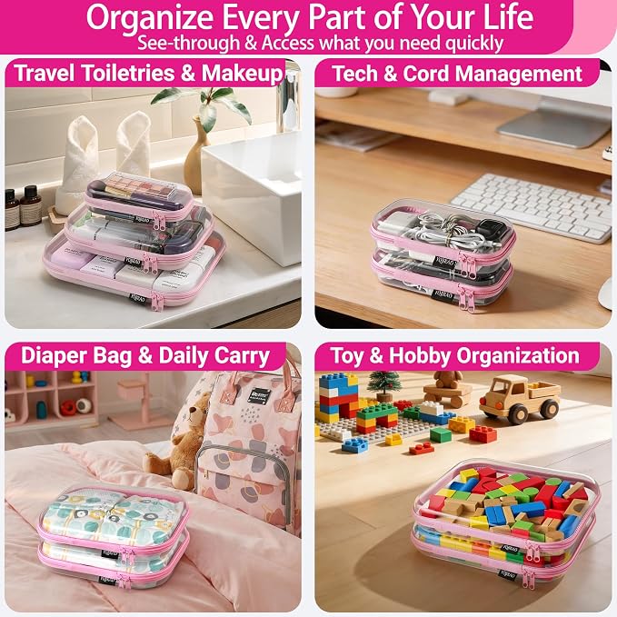 YQBRAO 6 Pack Soft Pink Clear Hard Shell Zipper Case, 1.2mm Crush-Proof Makeup - Image 3