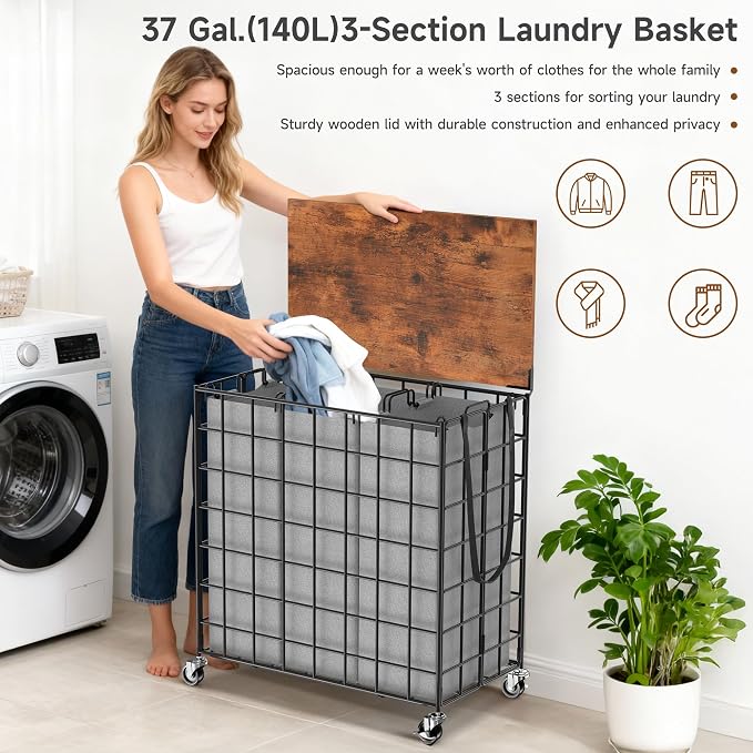 Laundry Basket with Wheels, Heavy Duty Laundry Sorter 3 Sections, 140L Large - Image 6