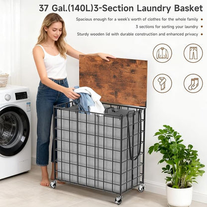 Laundry Basket with Wheels, Heavy Duty Laundry Sorter 3 Sections, 140L Large - Image 6