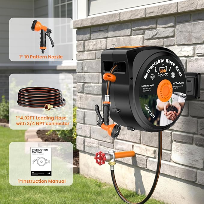 Retractable Garden Hose Reel, 1/2 in x 50 ft Wall Mounted Hose Reel | - Image 2