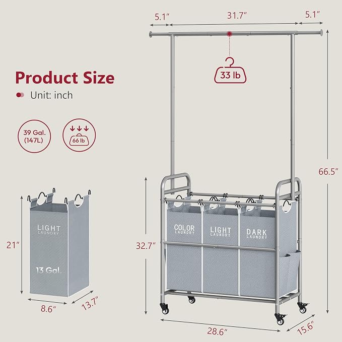 Tajsoon Laundry Sorter with Hanging Bar, 3 Section Rolling Laundry Hamper with - Image 7