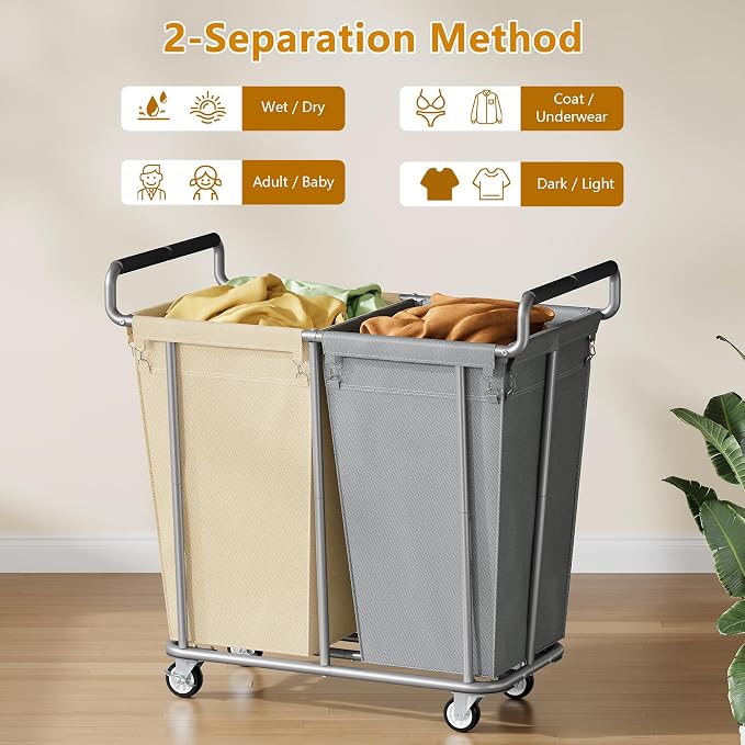 Large laundry hamper with Wheels, 2 Bag 360L Big Rolling Laundry Basket Sorter - Image 3