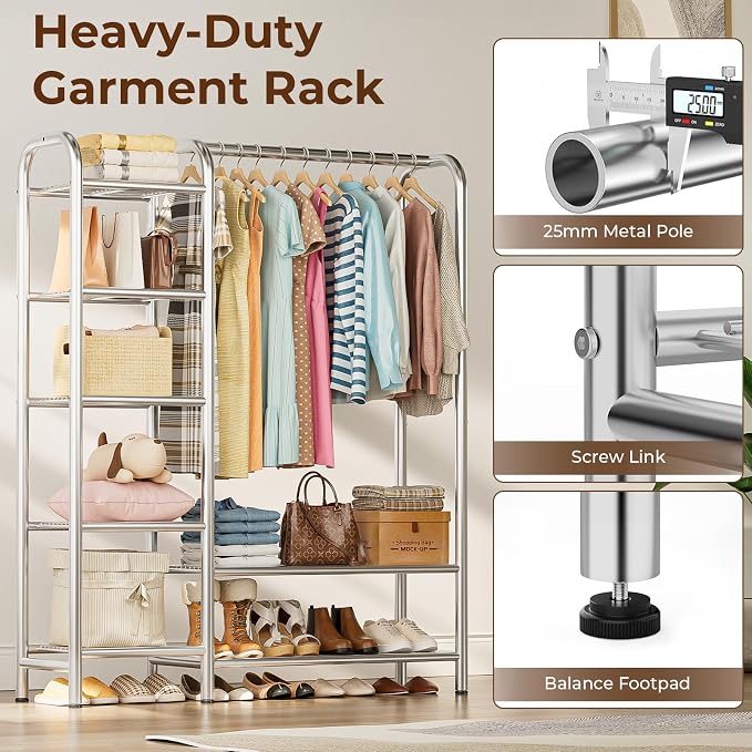 Heavy Duty Clothes Rack with 5 Tiers Shelves, Max Load 670LBS, Portable - Image 4