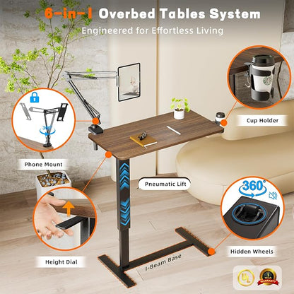 Overbed Bedside Table with Wheels, Adjustable Hospital Bedside Desk, Rolling - Image 3