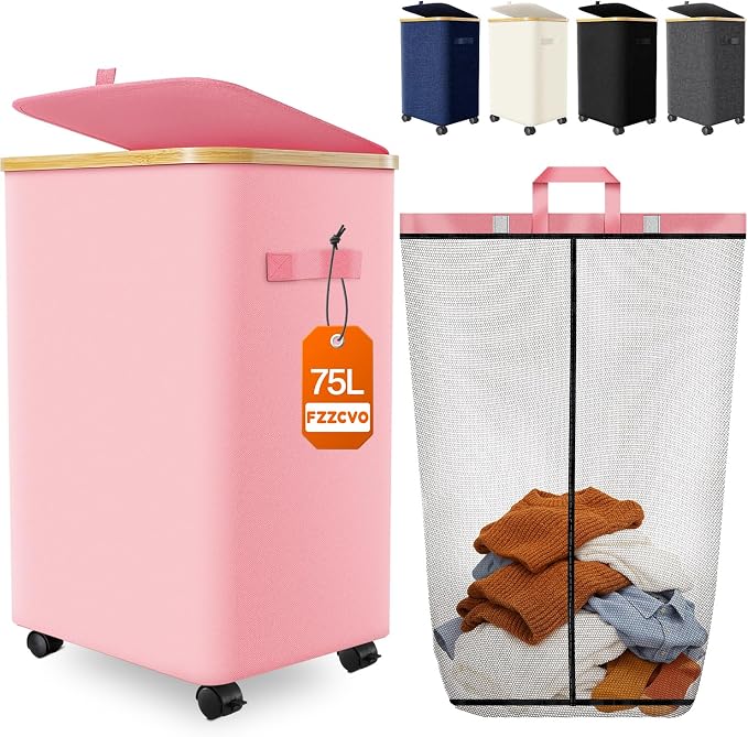 Laundry Hamper with Wheels, 75L Large Clothes Hamper with Removable Inner Bag by Fzzcvo