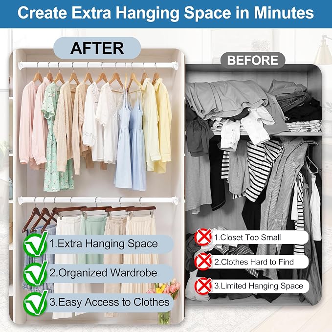 Adjustable Closet Rod for Hanging Clothes, 17-99inch Heavy Duty Metal tension - Image 2