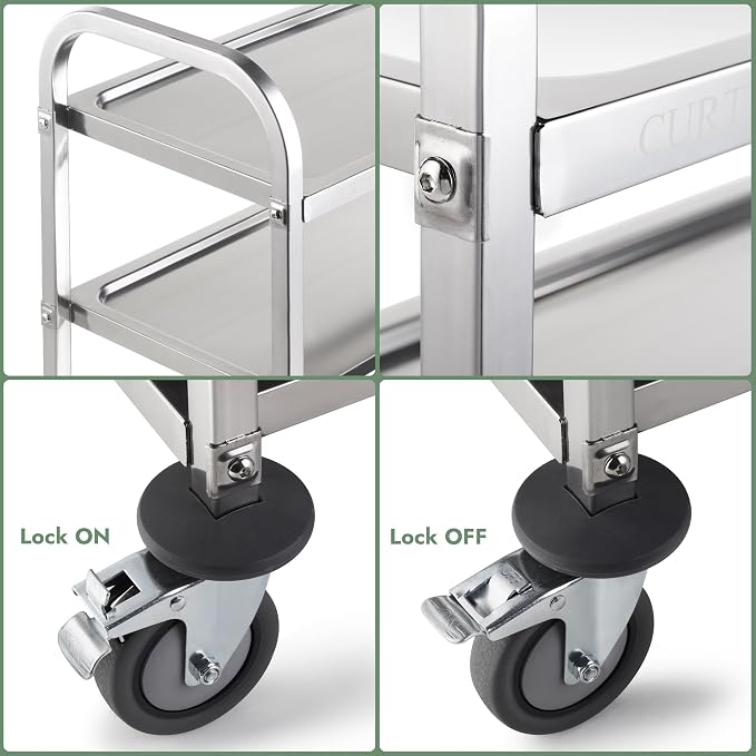CURTA Stainless Steel Serving Trolley, Rolling Casters Brake Wheel, Commercial - Image 7