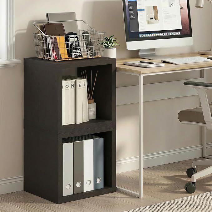 Furinno Cubicle Set of 2 Book Shelf, Stackable Bookshelf, Dark Oak | Cube - Image 2