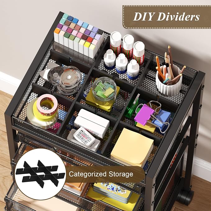 Rolling File Cart with 4 Storage Drawers, Under Desk Organizer with DIY Divider - Image 6