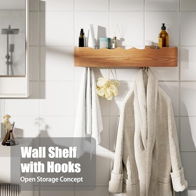 Coat Rack Wall Mount with Shelf 4 Hidden Hooks Modern Wooden Key Holder - Image 7
