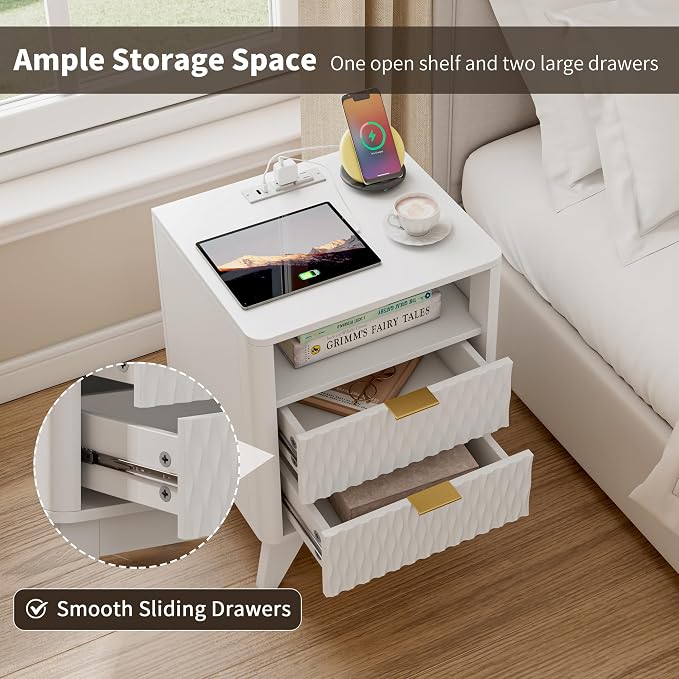 Fluted Nightstand with Charging Station, Bedside Table - Image 4