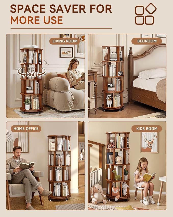 Rotating Bookshelf, 4 Tier Solid Wood Bookshelf Tower - Image 7