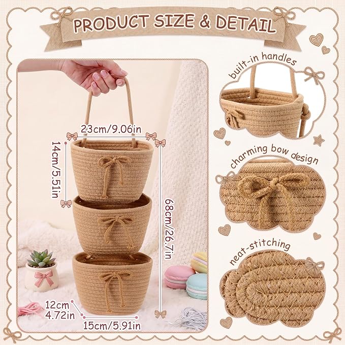 3-tier Hanging Basket Wall Mounted Coquette Bow Cotton Rope Hanging Storage - Image 2