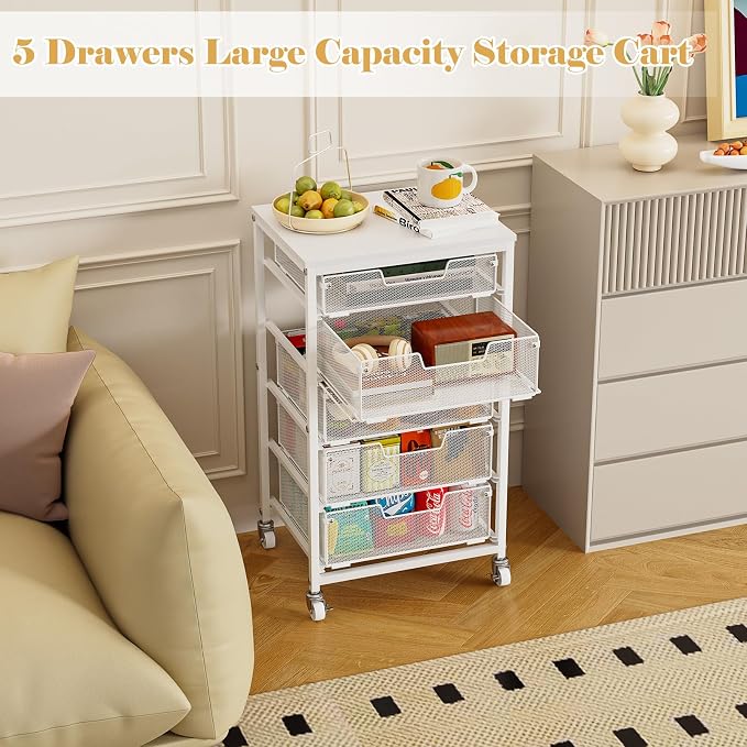 Sbanmao Utility Cart with 5 Drawers, Rolling Storage Cart with Wooden Tabletop - Image 8