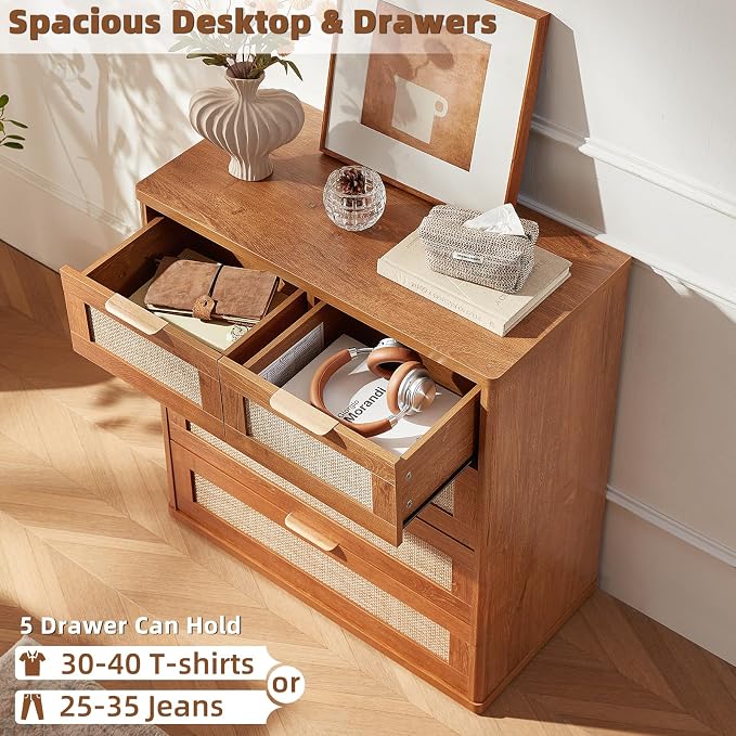 LEYAOYAO Rattan Dresser for Bedroom Set of 2, 33.5" Tall Chest of Drawers - Image 5