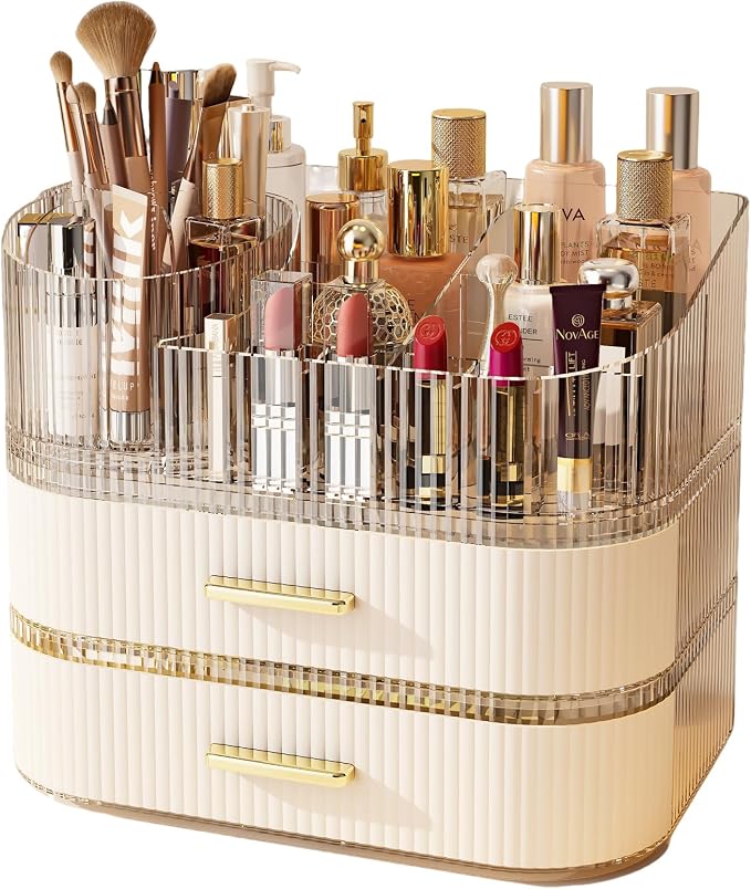 Makeup Organizer with 360 Rotating Brush Holder and Stackable Drawers, Cosmetic by Unknown