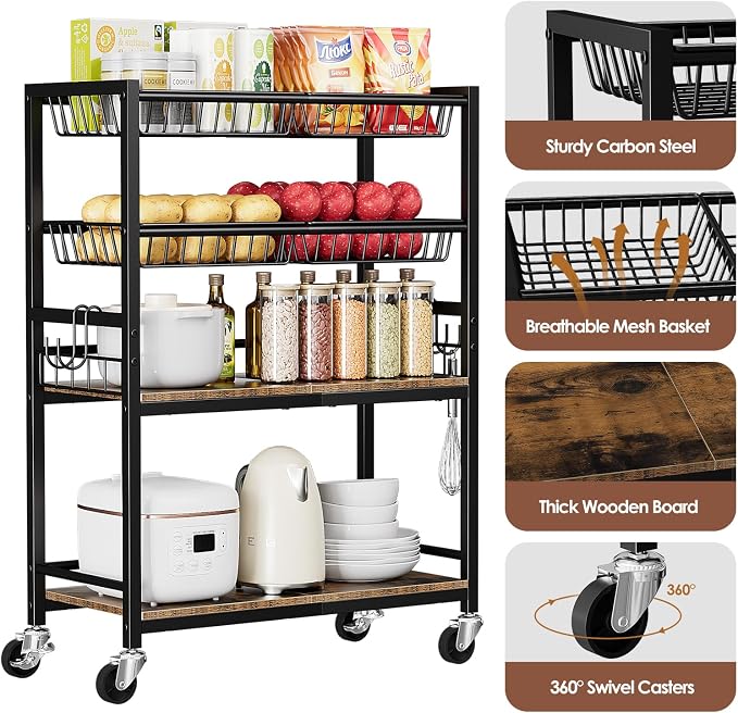 Kitchen Storage Cart, 4 Tier Utility Rolling Snack Cart, Fruit & Vegetables - Image 6