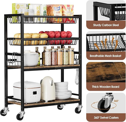 Kitchen Storage Cart, 4 Tier Utility Rolling Snack Cart, Fruit & Vegetables - Image 6