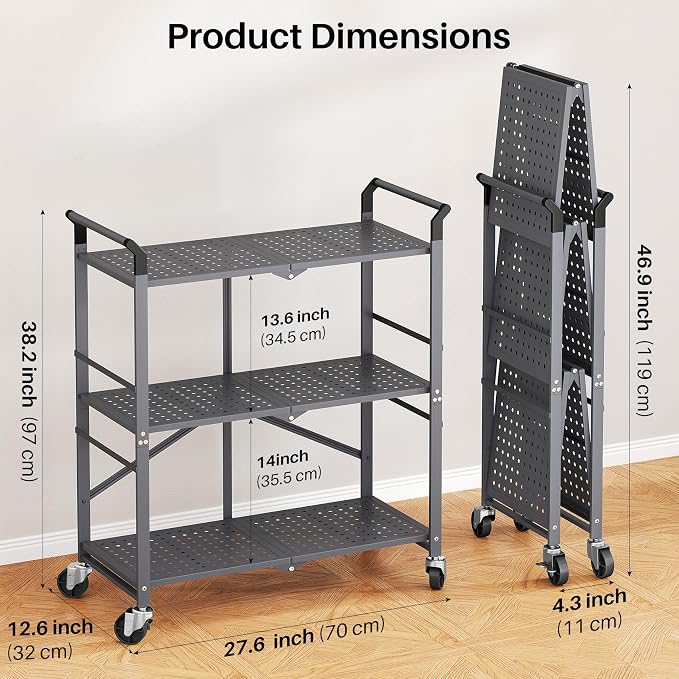 SNTD 3 Tier Rolling Cart, Metal Utility Cart on Wheels, Lockable Casters - Image 4
