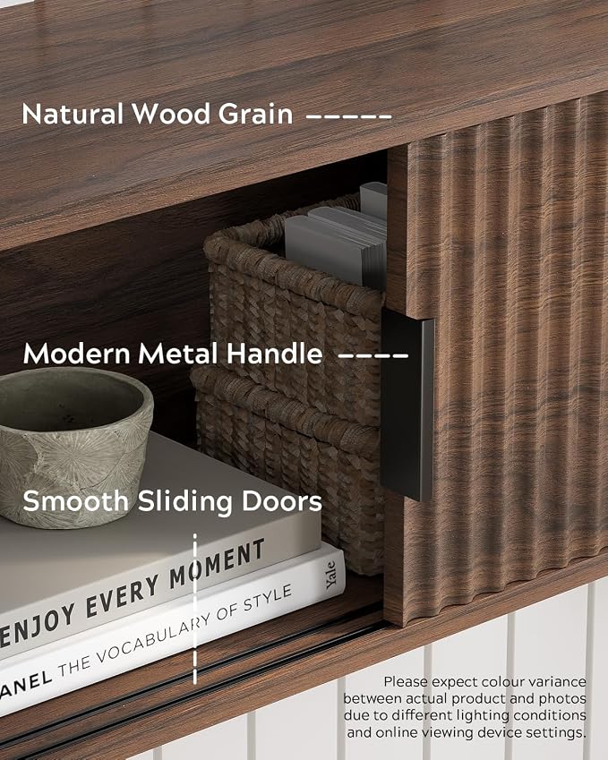 Floating Nightstand with Sliding Doors, Modern Fluted Large Night Stand Storage - Image 2