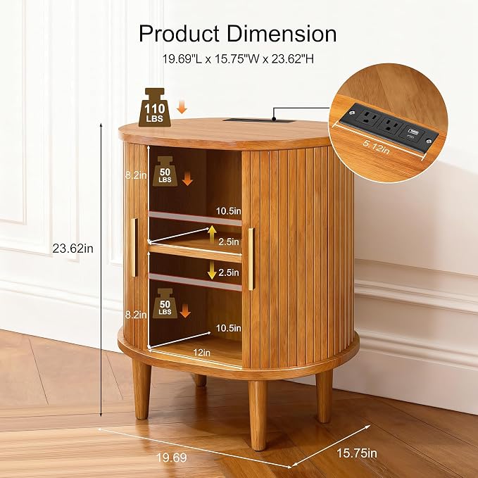 Nightstands Set of 2 & Charging Station, Fluted Accent Side Table - Image 2