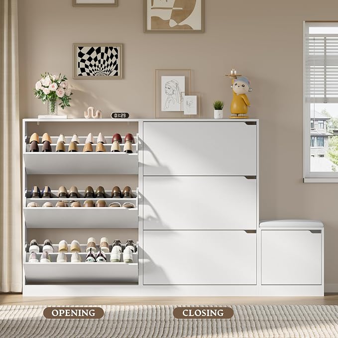 BORNOON Shoe Cabinet with Bench and 3 Flip Drawers, Slim Narrow Shoe Storage - Image 5