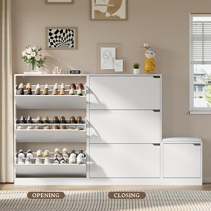 BORNOON Shoe Cabinet with Bench and 3 Flip Drawers, Slim Narrow Shoe Storage - Image 5