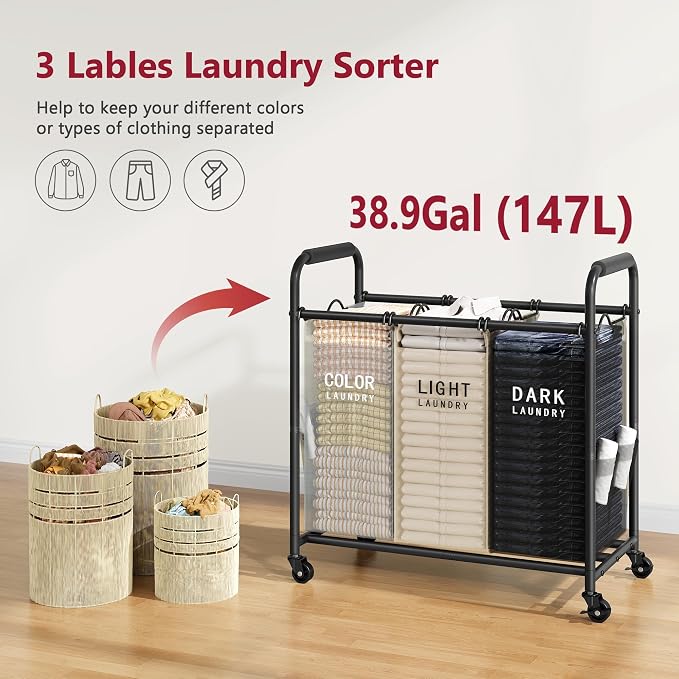 Tajsoon 3 Bag Laundry Sorter Cart, Laundry Hamper Sorter Basket - Image 3