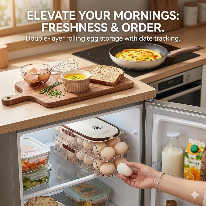 Egg Holder for Fridge with Lid and Handle, Automatic Rolling Egg Container for - Image 7