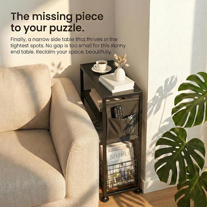 Skinny Side Table with Storage, 3 Tier Slim Side Tables - Image 3