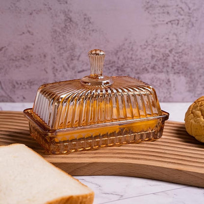 Glass Butter Dish with Lid for Countertop, Champagne Color Striped Crystal - Image 7