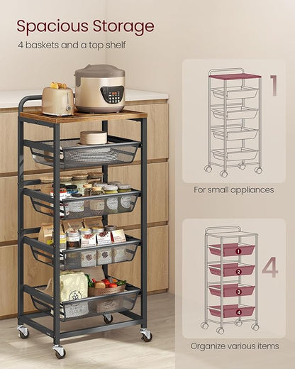 VASAGLE Storage Cart with Pull-Out Baskets, 5-Tier Kitchen Cart with Wheels - Image 4