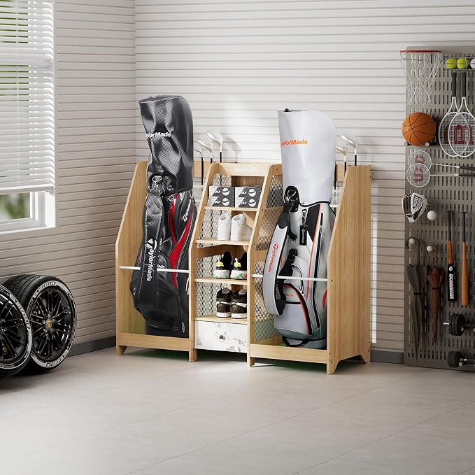 Golf Bag Storage Organizer for Garage, Premium Wooden 2 Golf Bags Rack - Image 9