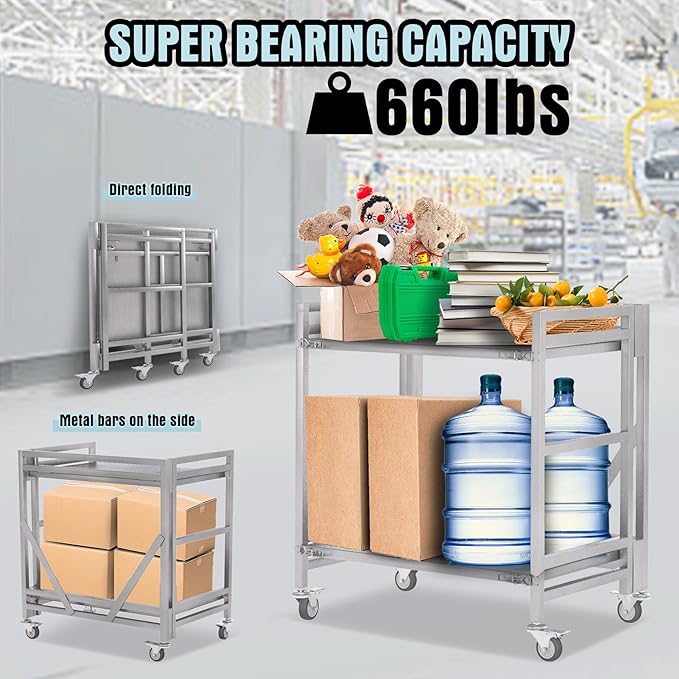 2 Shelf Rolling Cart with Wheels, 660lbs Capacity Collapsible Steel Rolling - Image 2
