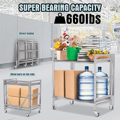 2 Shelf Rolling Cart with Wheels, 660lbs Capacity Collapsible Steel Rolling - Image 2