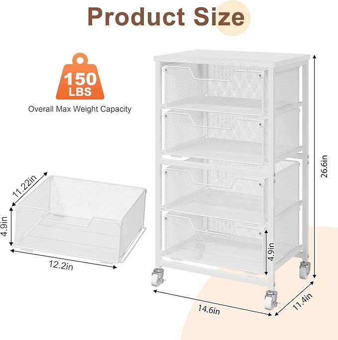 4-Drawer Rolling Storage Cart, Utility Cart - Image 3