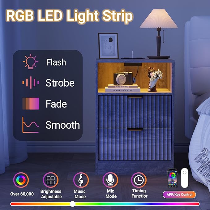 LED Nightstand with Charging Station, Fluted Nightstand Set of 2, Wood - Image 5