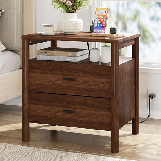 Night Stand with Charging Station, 2 Drawers Nightstand with Open Shelf by FavourLife