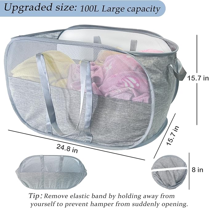 Upgraded 100L Extra Large Mesh Pop Up Laundry Hamper, Dirty Clothes Hamper - Image 2