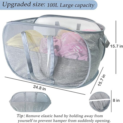 Upgraded 100L Extra Large Mesh Pop Up Laundry Hamper, Dirty Clothes Hamper - Image 2