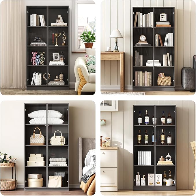 Glass Display Cabinet with LED Lights Set of 2, Display Case Bookcase with - Image 7