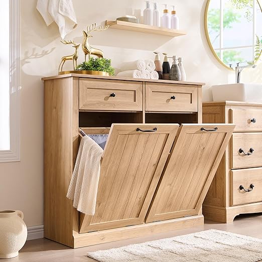 Double Tilt Out Trash Cabinet, 20 Gallon Farmhouse Laundry Hamper Cabinet - Image 6