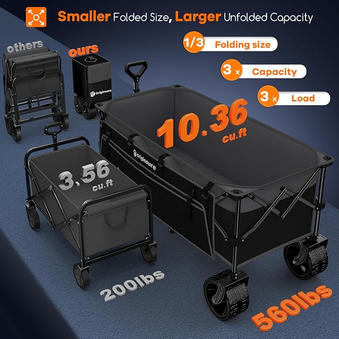 48" L Folding Beach Wagon Cart Foldable, 560lbs Weight Capacity 300L Heavy Duty - Image 3